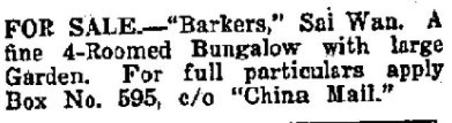 1929 "For Sale" - Barkers/Barker's Bungalow, Sai Wan (Chai Wan)