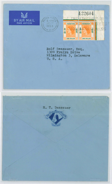 An Air Mail envelope of the Gloucester Hotel Hong Kong sent by H.T. Dessauer to Rolf Dessauer dated 24 Oct 1954