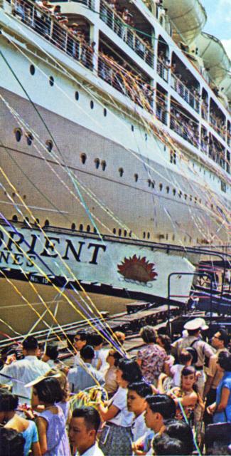 Kowloon wharves-Orient Lines liner-ORONSAY-paper streamers farewell 1965