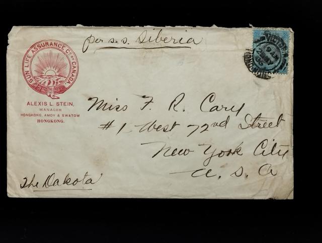 A letter sent by Mr. Alexis L. Stein of Sun Life Assurance Co. of Canada to New York City on 28 May 1906