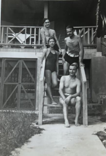 Repulse Bay.Beach Hut. Harry 'Sid' Hale, Jimmy, Marie and one other.