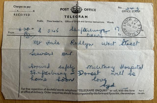 Harry 'Sid' Hale.Homeward bound telegram.