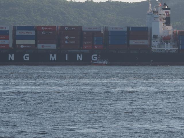 Harbour pilot dropping off container ship