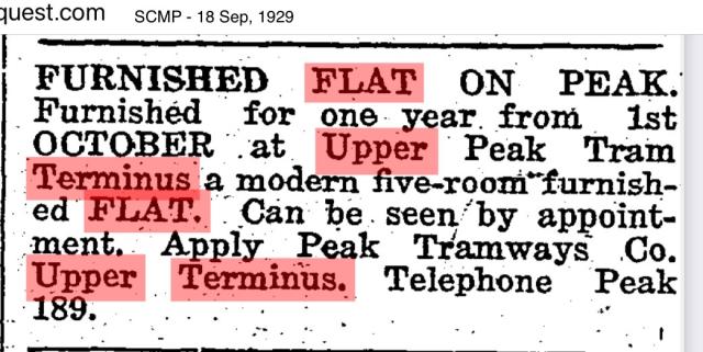 1929 - Flat for rent, Upper Peak Tram Terminus