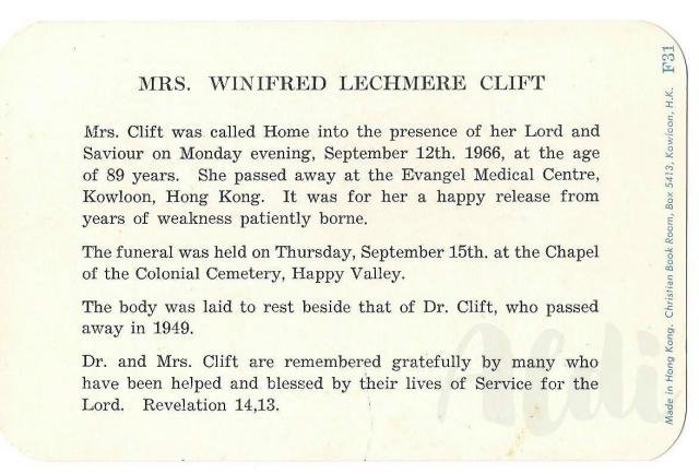 Winifred Clift Obituary Notice