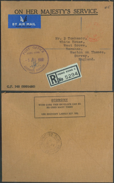 1968 (6 JY) ON HER MAJESTY’S SERVICE. Printed Envelope (G.F. 148 0001480) – sent from POST OFFICE HONG KONG ACCOUNTS DIVISION to Mr. D. Tomkemor, White House, West Grove, Hersham, Wacton on Thames, Surrey, England