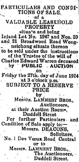 1924 Sale of I. L. No. 1947, "The Towers" & 20 & 21 Broadwood Road