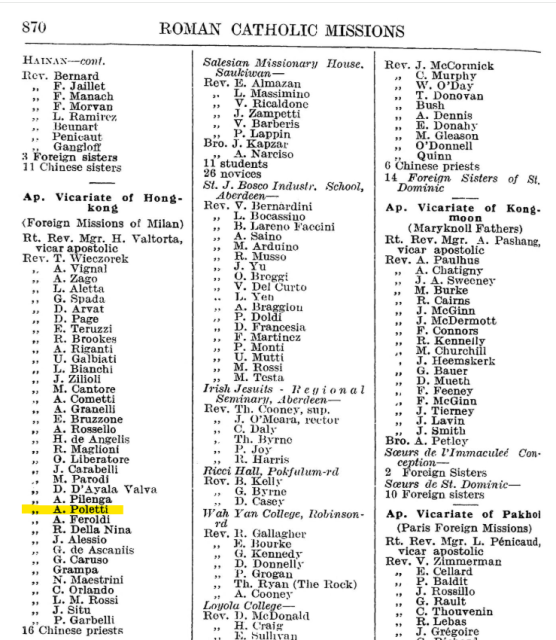 Father Ambrogio Poletti listed in the China Hong List 1939