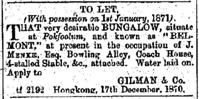 To Let Belmont Hong Kong Daily Press page 1 5th January 1872