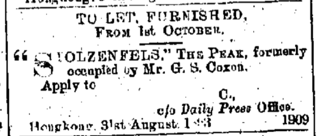 To Let Stolzenfels Hong Kong Daily Press page 3 1st September 1893