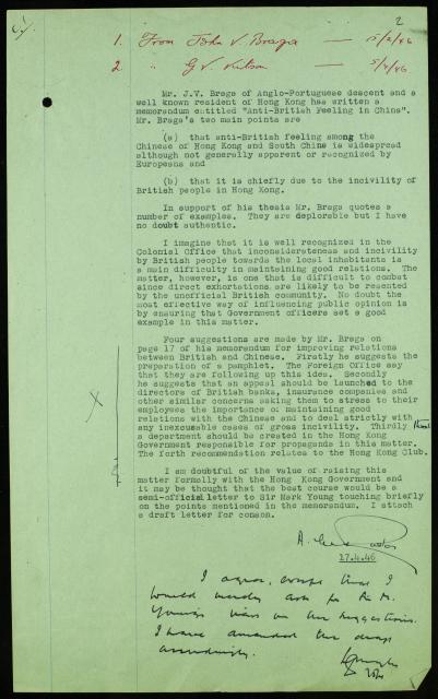 Colonial Office memo concerning John Braga's memorandum, 17 April 1946