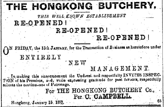 The Hongkong Butchery re opened The China Mail page 1 15th January 1897