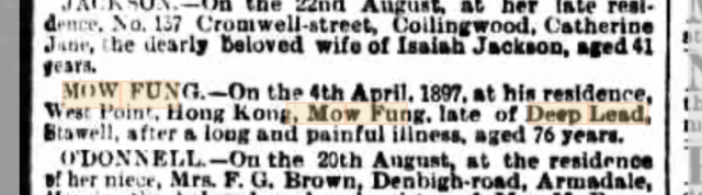 Death notice - Australian newspaper 1897