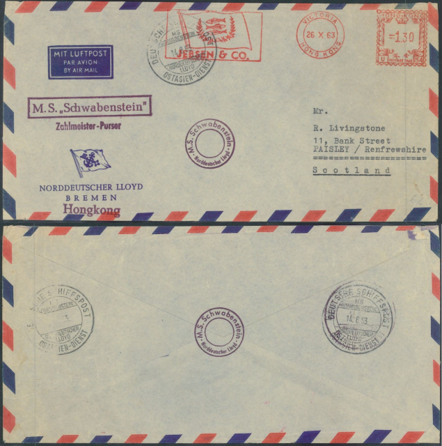 1963 (26 OC 14 AU) JEBSEN CO's Metered-stamp airmail Cover – sent from M S Schwabenstein NORDDEUTSCHER LLOYD BREMEN Hongkong to Mr R Livingstone 11