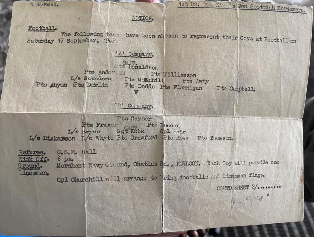 Football Lineup - King's Own Scottish Borders - Sept. 17th, 1949
