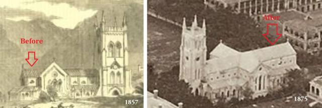 St John's Cathedral before & after the 1869-72 extension - side view