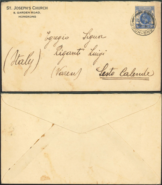 1929 (24 JUL) St. Joseph’s Church Cover - sent to Egregio Signor, Riganti Luigi, (Varese), Sesto Calende, (Italy)