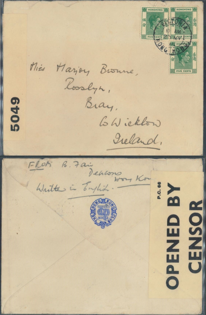 1940 (25 MY) THE HONG KONG CLUB Censored Cover - sent to Miss Harjoy Browne, Rosslyn, Bray, Co. Wicklow, Ireland
