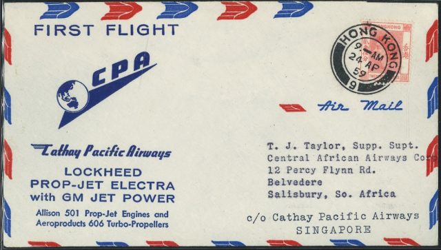 1959 (24 AP) Cathay Pacific Airways Air Mail Cover - sent to T.J. Taylor, Supp. Supt., Central African Airways Corp, 12 Percy Flynn Rd., Belvedere, Salisbury, So. Africa, c.o Cathay Pacific Airways SINGAPORE.