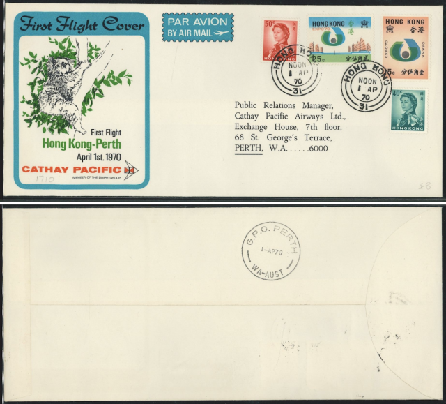 1970 (1 AP) Cathay Pacific Airways First Flight Cover- sent to Public Relations Manager, Cathay Pacific Airways Ltd., Exchange House, 7th floor, 68 St. Georges’ Terrace, PERTH, W.A…..6000
