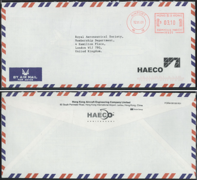 2001 (12 11) Hong Kong Aircraft Engineering Company Limited (HAECO) Metered-stamp Air Mail Cover - sent to Royal Aeronautical Society, Membership Department, 4 Hamilton Place, London W1J 7BQ, United Kingdom with FMC
