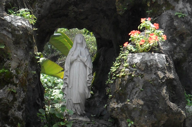 Close-up of the Mother Mary statue in the grotto at St. Joseph's Church, Fanling
