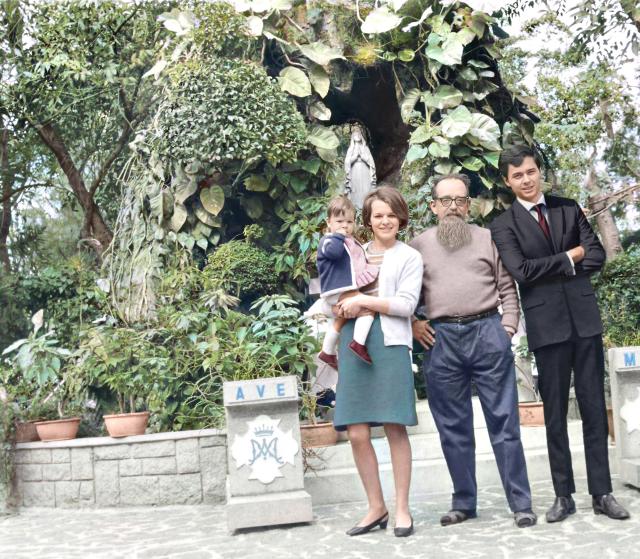 Overgrown with plants, the Mother Mary grotto at St. Joseph's Church, Fanling - colourised