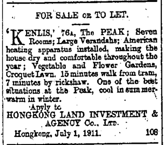 Kenlis - For Sale or To Let The China Mail page 3 12th July 1911