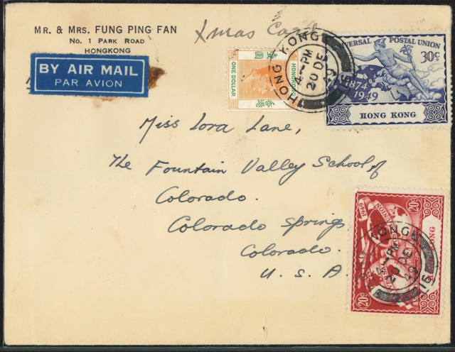 1957 (15 FE) Fung Ping Fan University of Hong Kong Air Mail Cover - sent to Miss Lora Lane, The Fountain Valley School of Colorado, Colorado Springs, Colorada, U.S.A.