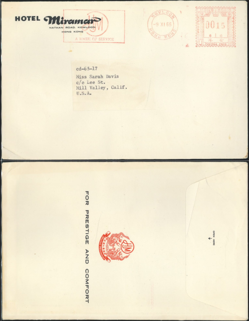 1965 (9 XI) Hotel Miramar Metered-stamp Cover - sent to Miss Sarah Davis, c.o Lee St., Mill Valley, Calif., U.S.A. (typed on label marked cd-65-17)