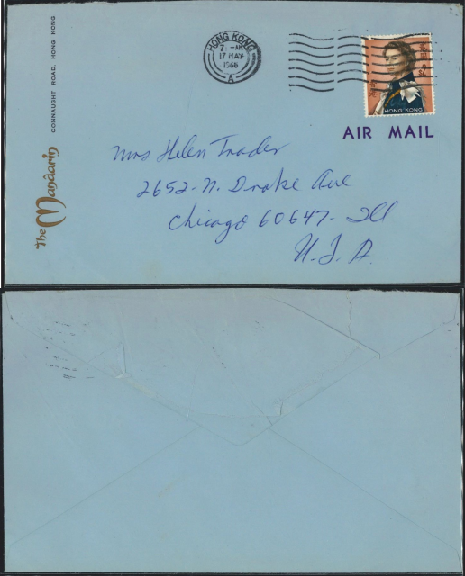 1966 (17 MAY) The Mandarin Air Mail Cover - sent to Mrs Helen Irader, 2652-N. Drake Ave, Chicago 60647, Ill, U.S.A