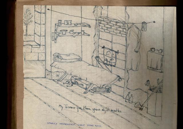 grandads drawing of stanley interment camp (prisioner of war) hk.