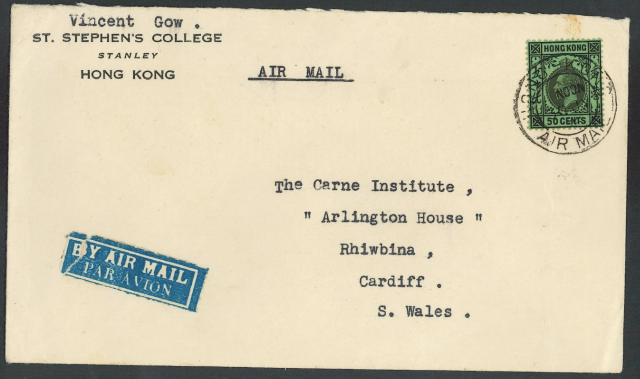1936 (30 JY) St. Stephen's College Air Mail Cover sent from Vincent Gow to The Carne Institute