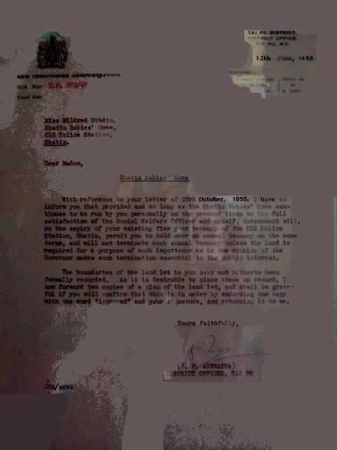 1956 Government Letter to Shatin Babies' Home confirming annual tenancy.