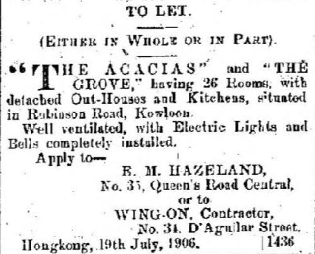 1906 "To Let": "The Acacias" & "The Grove", Robinson (Nathan) Road