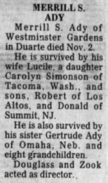 Merrill Ady, newspaper obituary 1982