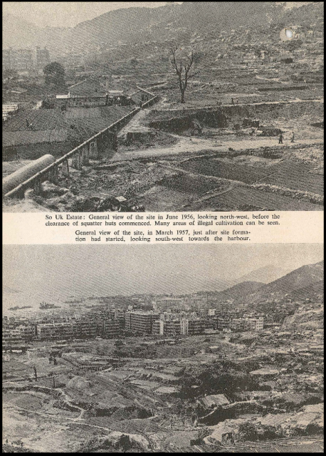So Uk Estate view of the site in 1956 before construction started, and site formation in 1957