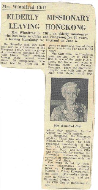 1961 Winifred Clift leaves Hong Kong