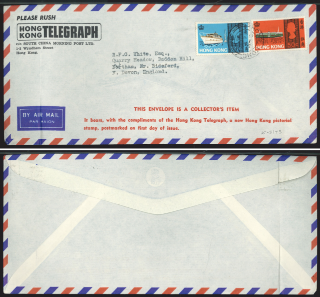 1968 (24 AP) HONG KONG TELEGRAPH SOUTH CHINA MORNING POST LTD. First Day Air Mail Cover - sent to R.F.G. White, Esq., Quarry Meadow, Daddon Hill, Northam, Nr. Bideford, N. Devon, England.