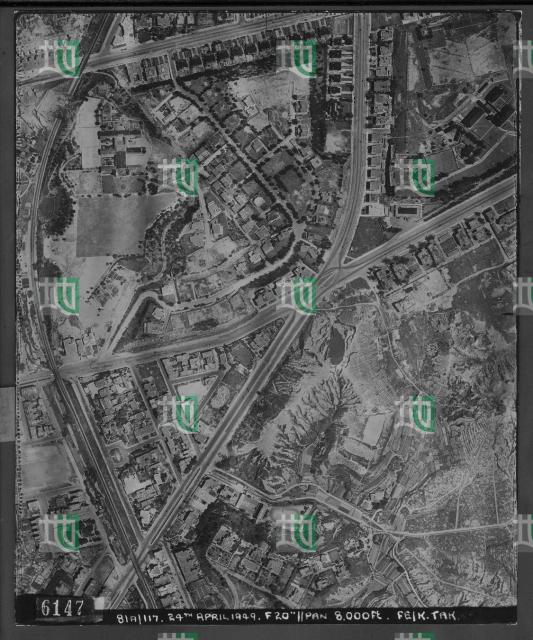 Aerial photo, 1949, shows Garden City Development with Kadoorie Avenue and Braga Circuit completed with gardens and trees, at the top