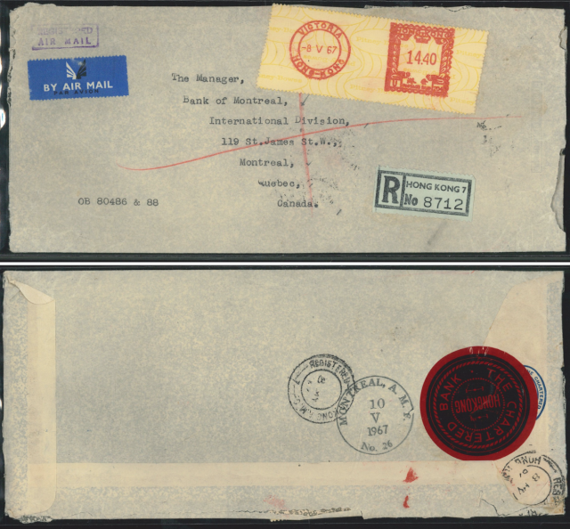 1967 (8 V) The Chartered Bank Limited Hong Kong Air Mail Centre A.M.C. Post Office Meter-stamped Registered Cover - addressed to The Manager, Bank of Montreal, Montreal, Quebec, Canada