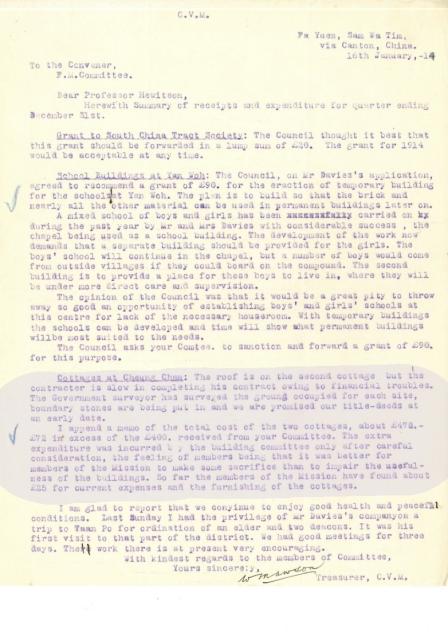 1914 - house 9, cheung chau, building delays, treasurer's update