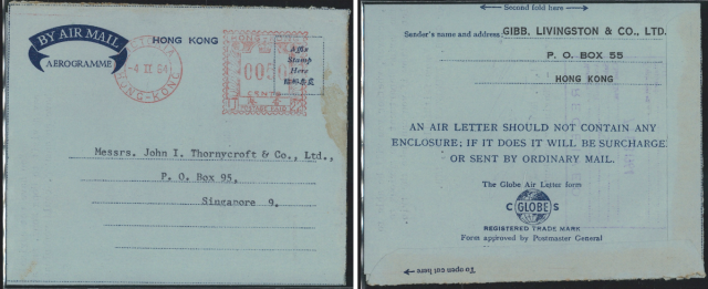 1964 (4 II) Gibb, Livingston & Co., Ltd. Meter-stamped Aerogramme - sent to Messrs. John I. Thornycroft & Co., Ltd., P.O. Box 95, Singapore 9