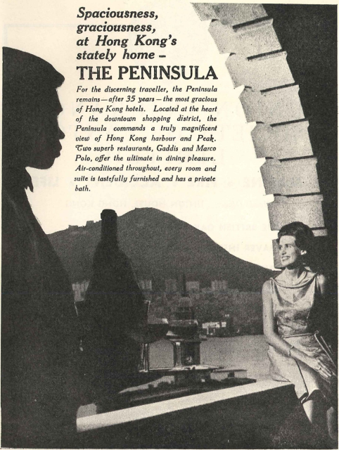 Advertisement for the Peninsula Hotel mentions restaurants, Gaddi's and Marco Polo