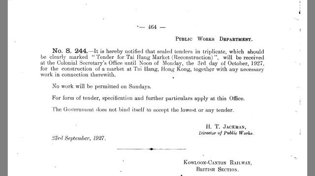 Tender for reconstruction of Tai Hang Market