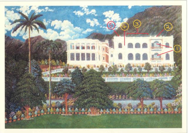 Painting of 29 Conduit Road showing features matching a building in a 1906 panorama of Hong Kong