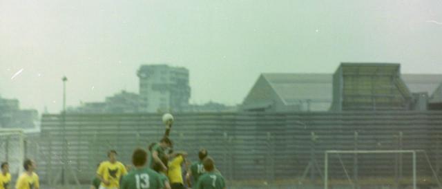 Groundcrew versus Aircrew football match for the ‘Bendum Mendum’ trophy. HAECO hangars in the background.