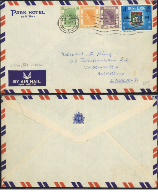 1961 (3 NOV) A Park Hotel Air Mail Cover - sent to Edward F. Ring, 58 Twickenham Rd, Teddington, Middlesex, ENGLAND