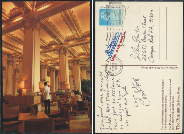 1988 (23 FEB) The Peninsula Air Mail Centre Post Office Machine Cancel Air Mail Post Card - addressed to Lllin Proctor, 22651 Burton Street, Canoga Park CA, 91304