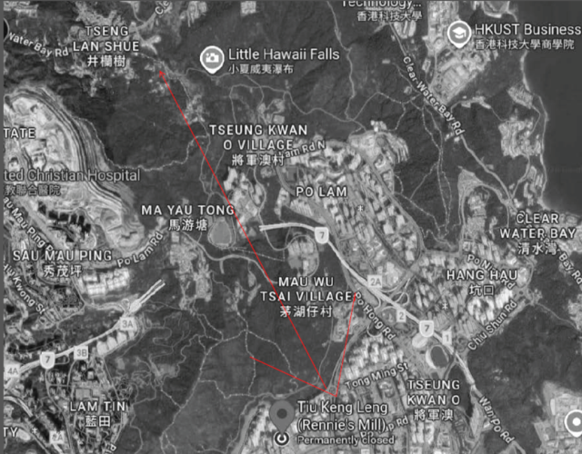 Google Map showing waterfalls area - from the Kowloon Peak